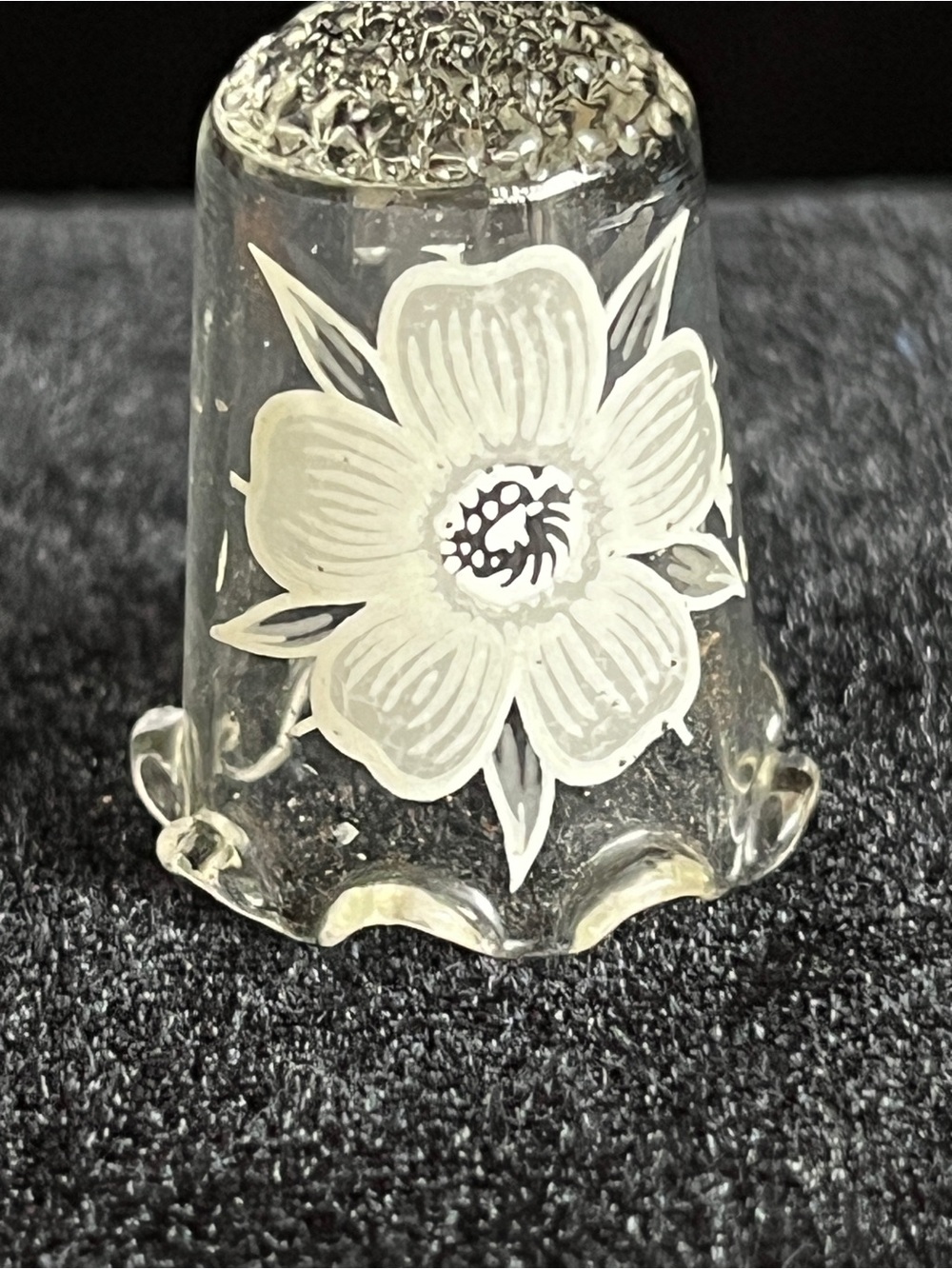 Glass Floral Thimble Clear Etched Flowers Design Ruffled Edge